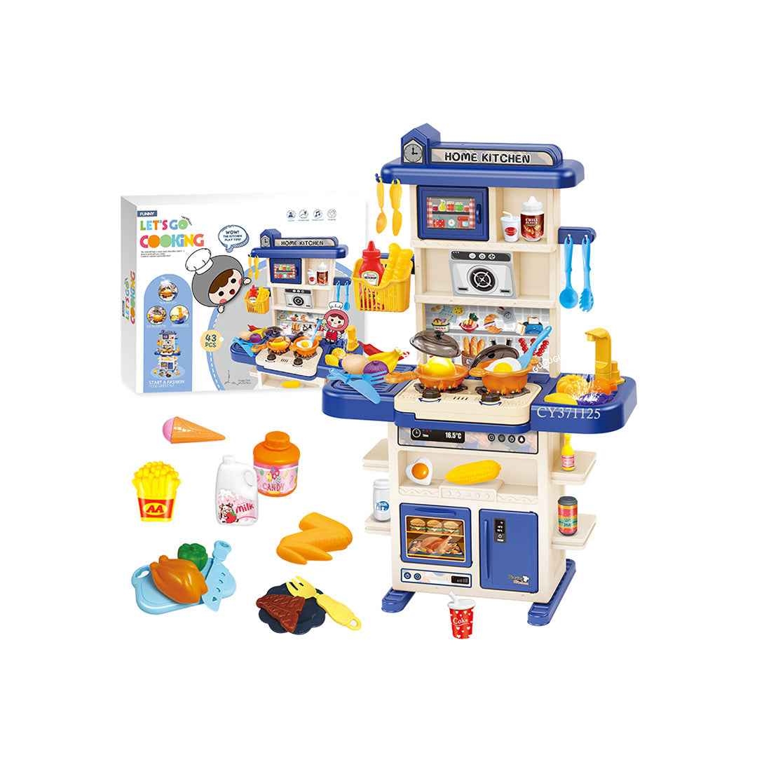 43-Piece Big Kids Toy Kitchen - Mist Spray & Running Water - Toyspry
