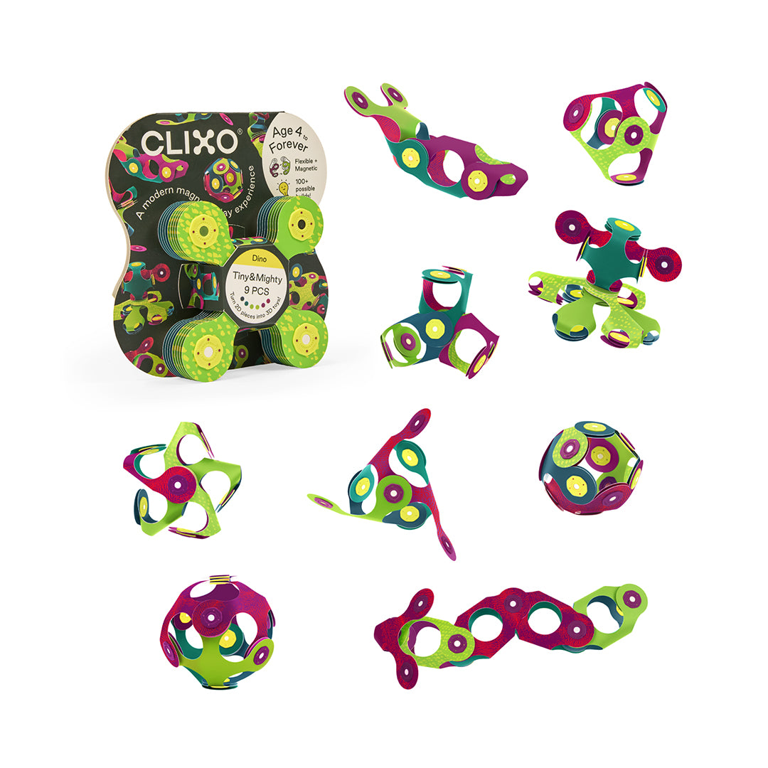 Montessori-inspired Jurassic green and purple magnetic builder shapes for creative open-ended play.