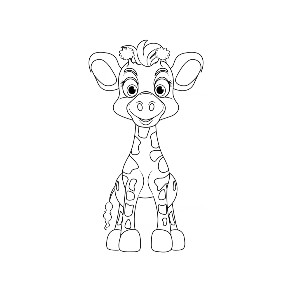 Black and white cartoon giraffe coloring page outline on a solid white background.