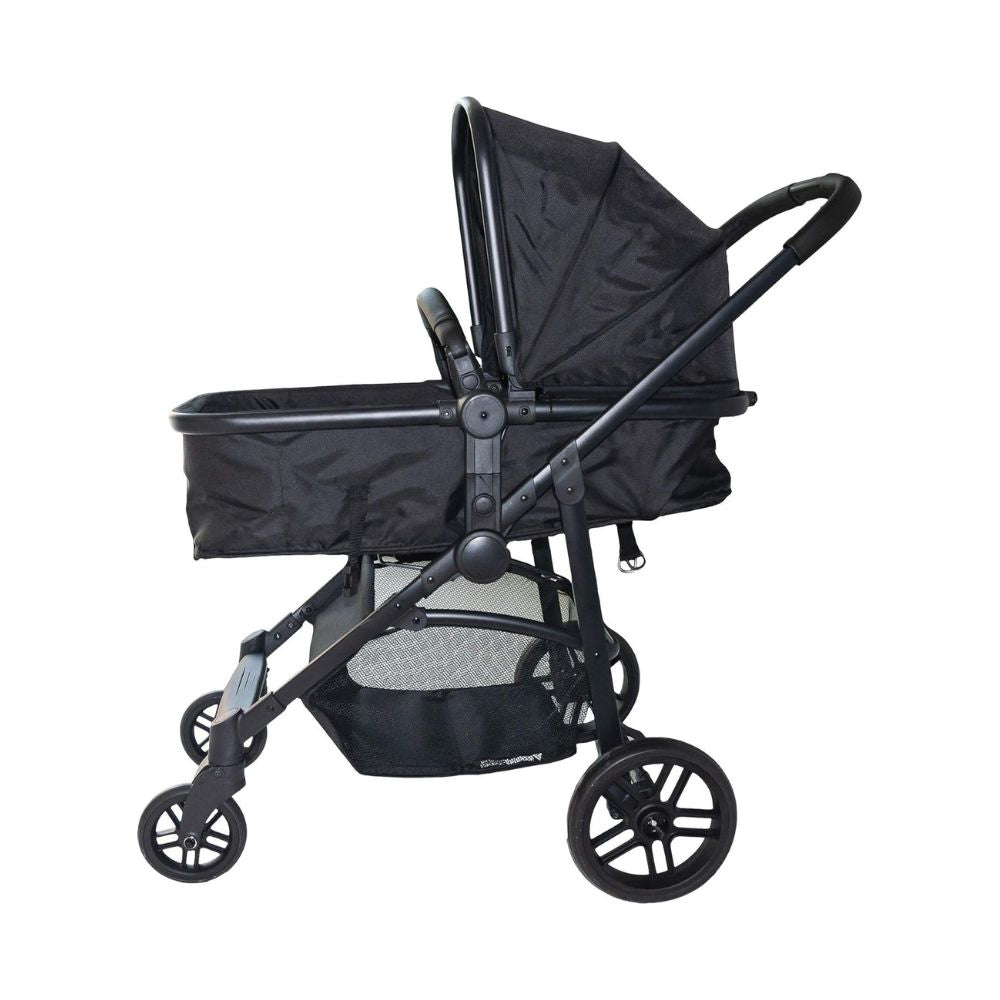 A black baby stroller with a matching bassinet cover, shown from a side profile on a solid white background.