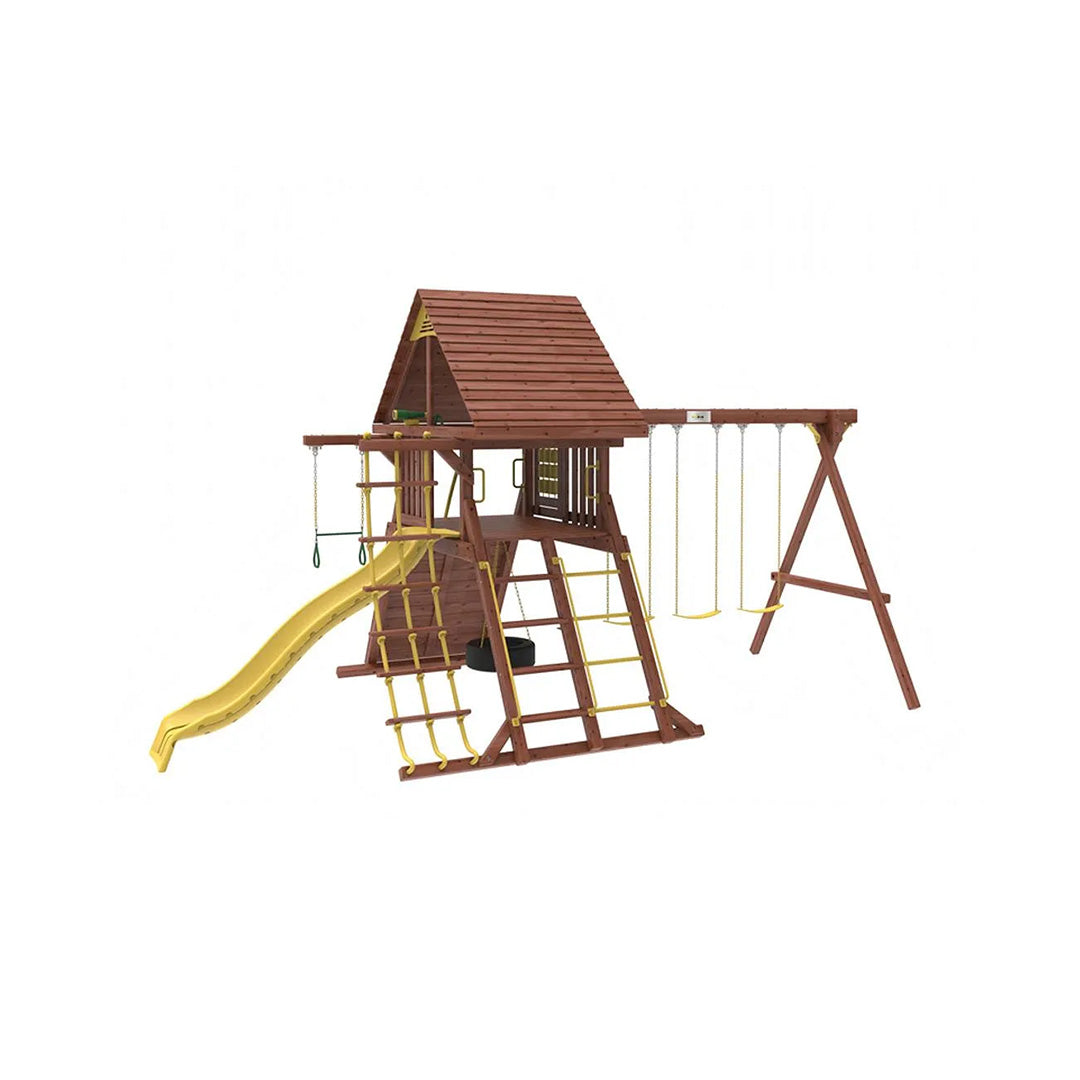 Kiddoro Discovery Den - Wooden Swing Set with 3 Swings & Tire Swing