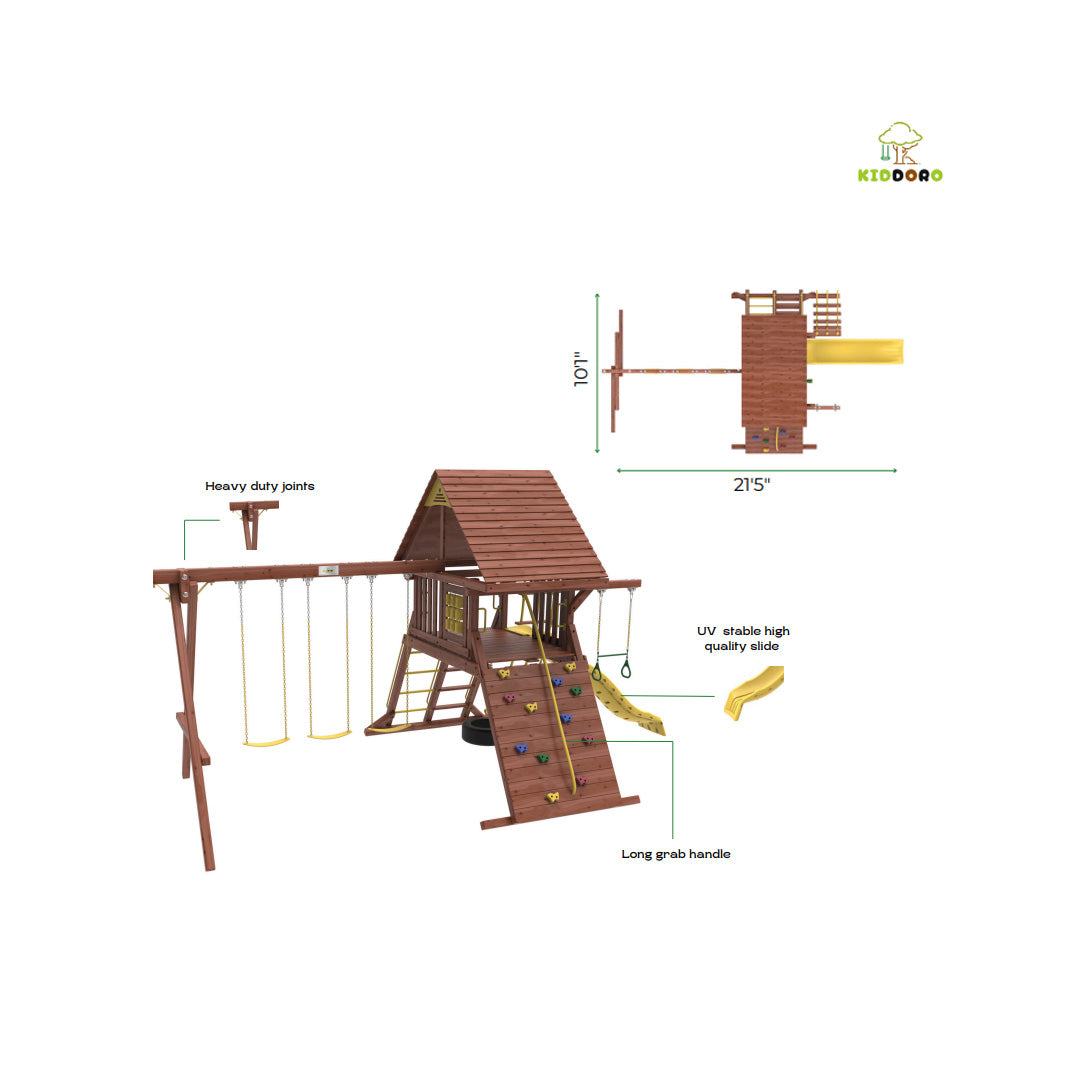 Kiddoro Discovery Den - Wooden Swing Set with 3 Swings & Tire Swing