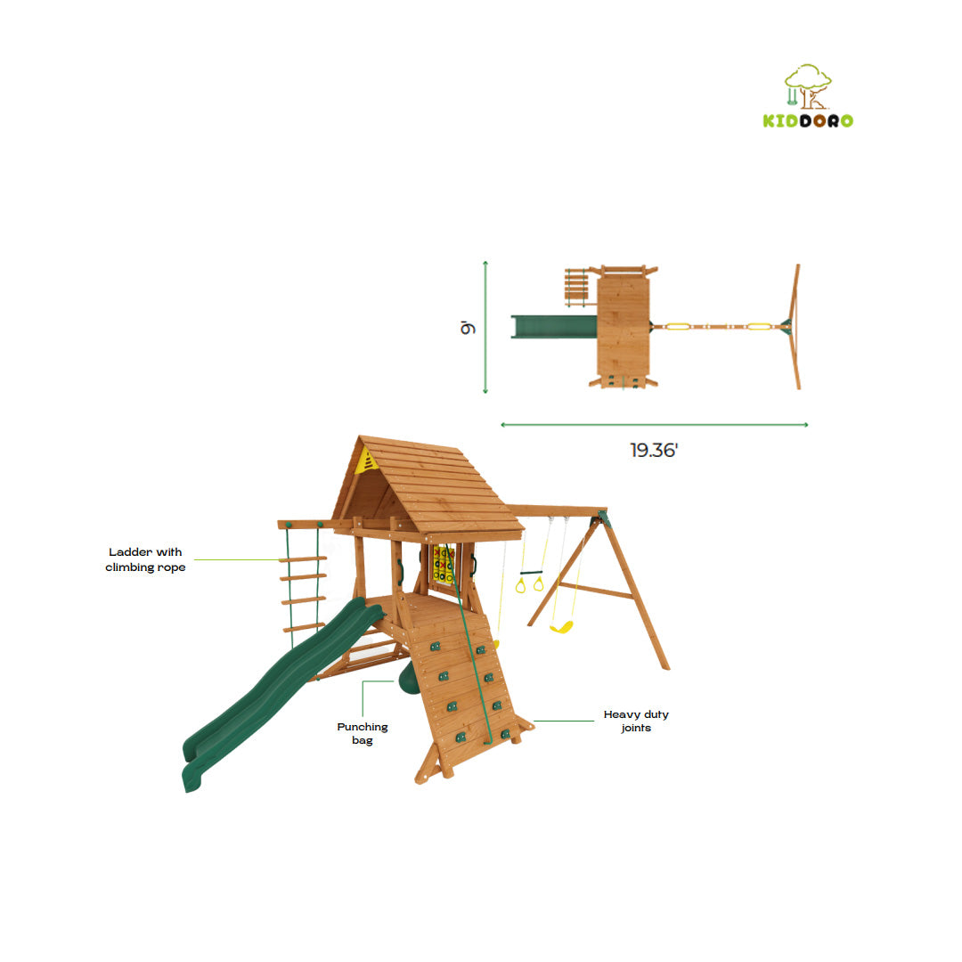 Kiddoro HillTop Heights - Wooden Garden Swing & Slide Playset