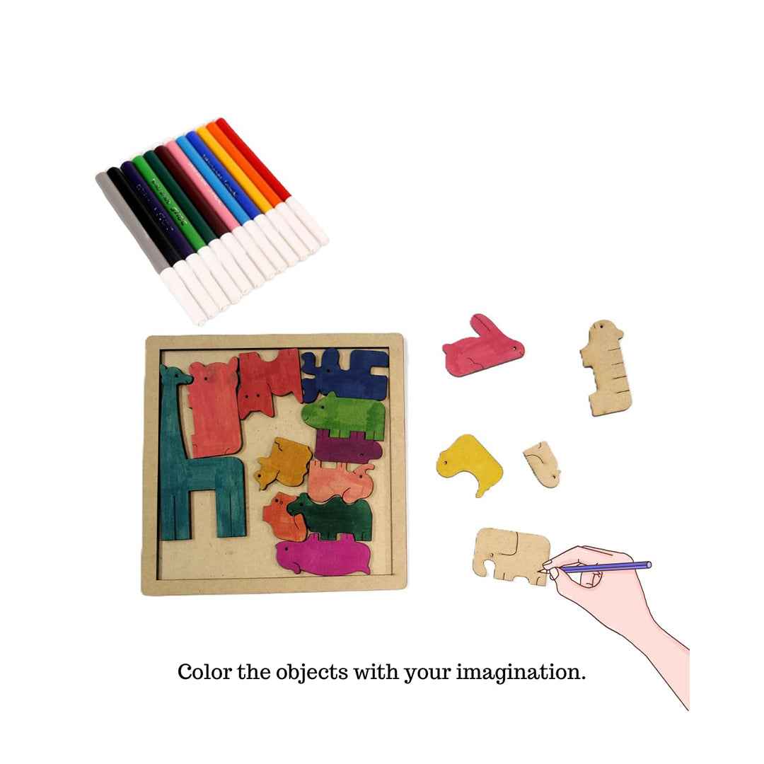Kraftsman 16-Piece Animal Puzzle - DIY Color Your Own Zoo Kit - Toyspry