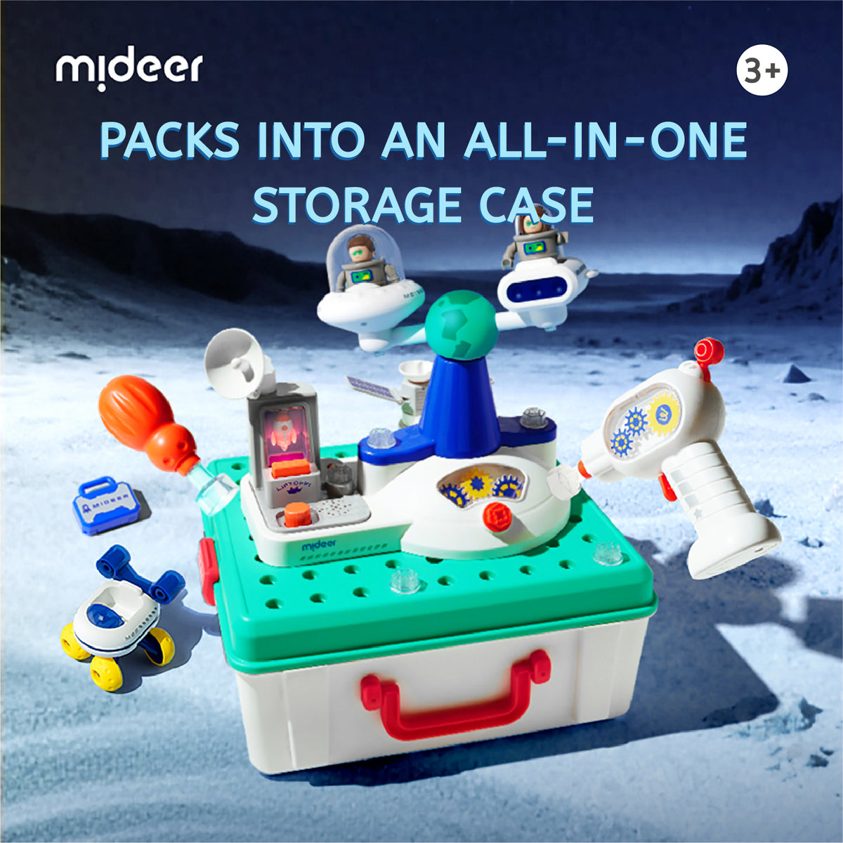 A children's toy space-themed storage case set shown on a stylized moon surface background. The main product is a white and teal storage case with a red handle, surrounded by small space-themed accessories including toy rockets, a control panel, and a handheld device.