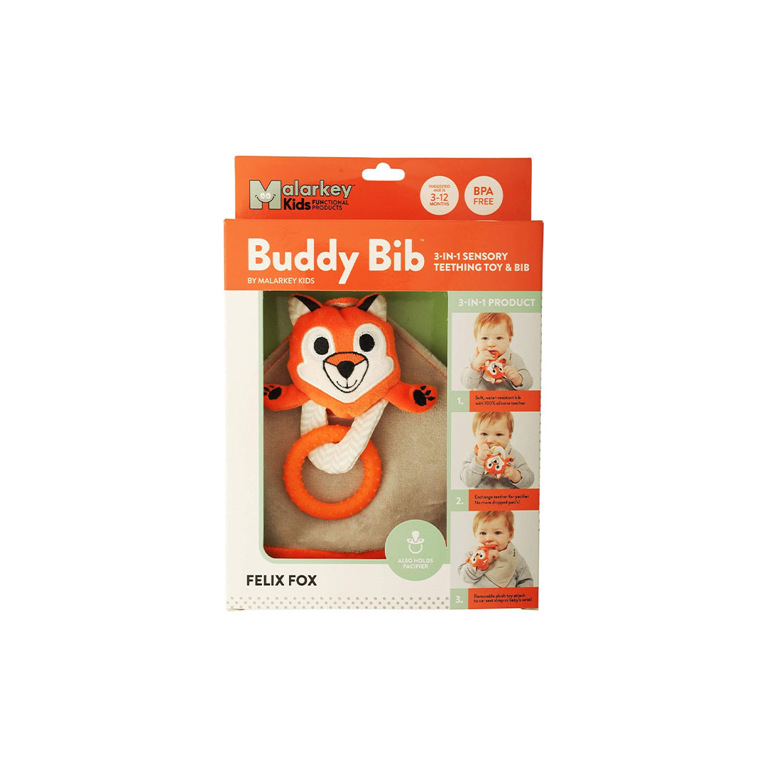 Malarkey Kids Buddy Bib - 3-in-1 Sensory Teething Toy (Felix Fox) - Toyspry