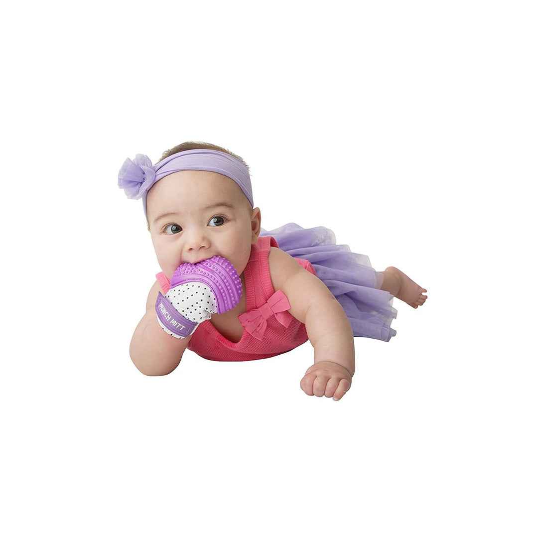 Malarkey Kids Munch Mitt - Baby Teething Mitten (Purple Polka Dots) - Toyspry