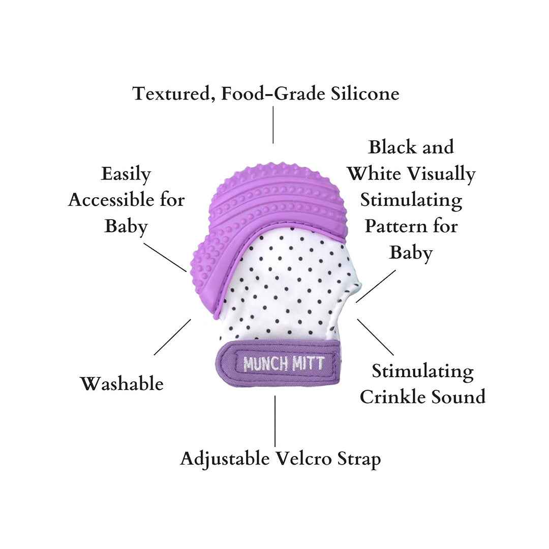 Malarkey Kids Munch Mitt - Baby Teething Mitten (Purple Polka Dots)