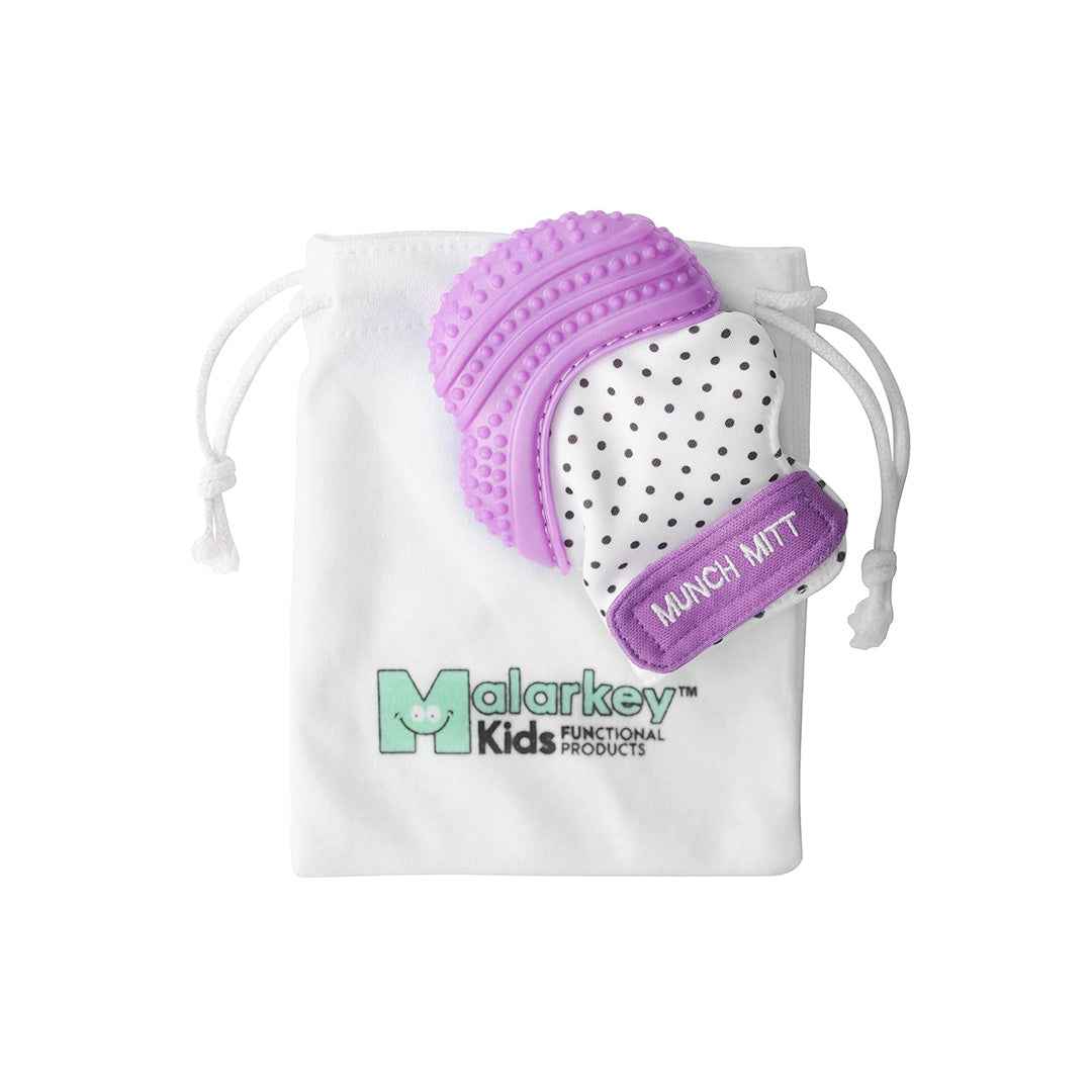 Malarkey Kids Munch Mitt - Baby Teething Mitten (Purple Polka Dots)