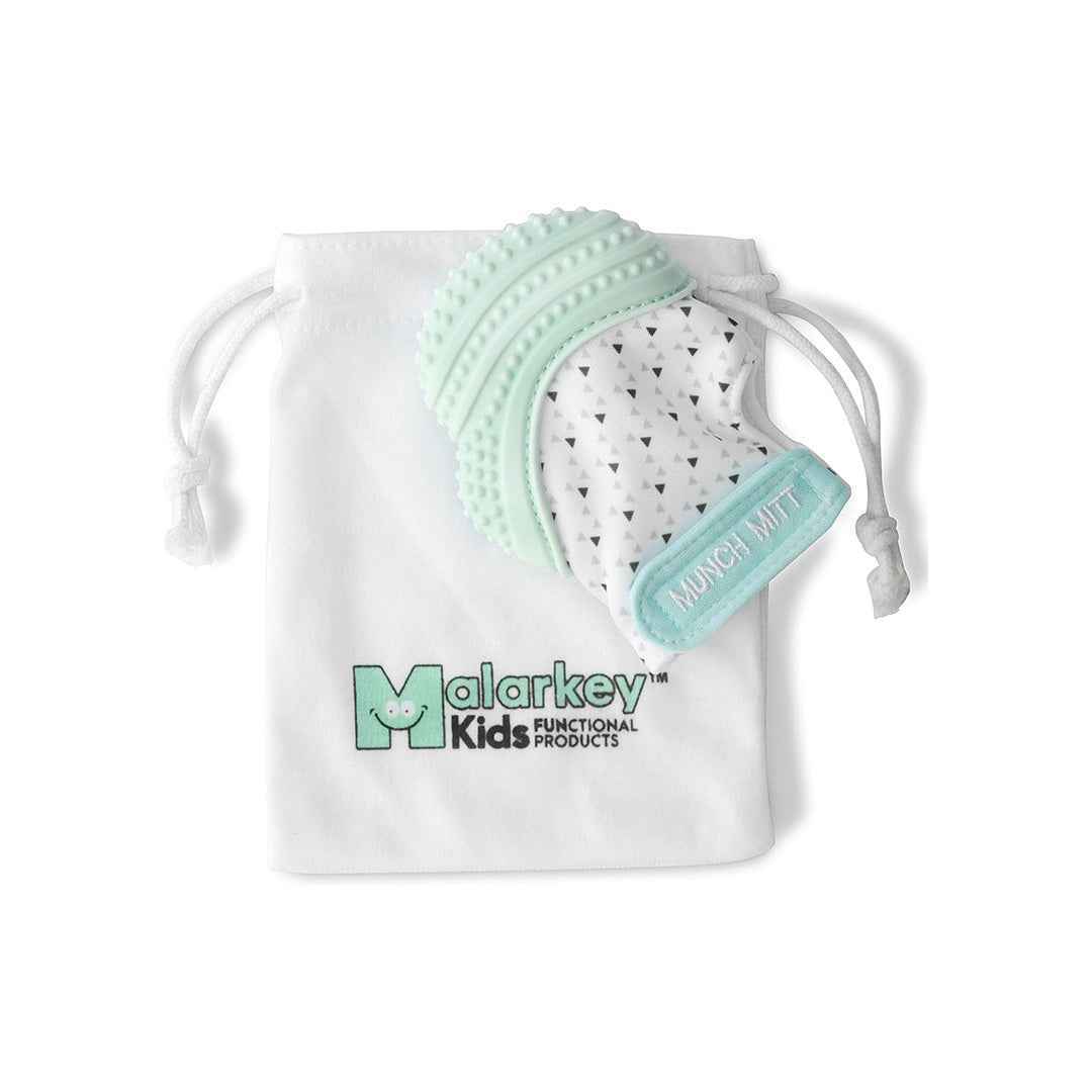 Malarkey Kids Munch Mitt - Baby Teething Mitten (Mint Green Triangles)