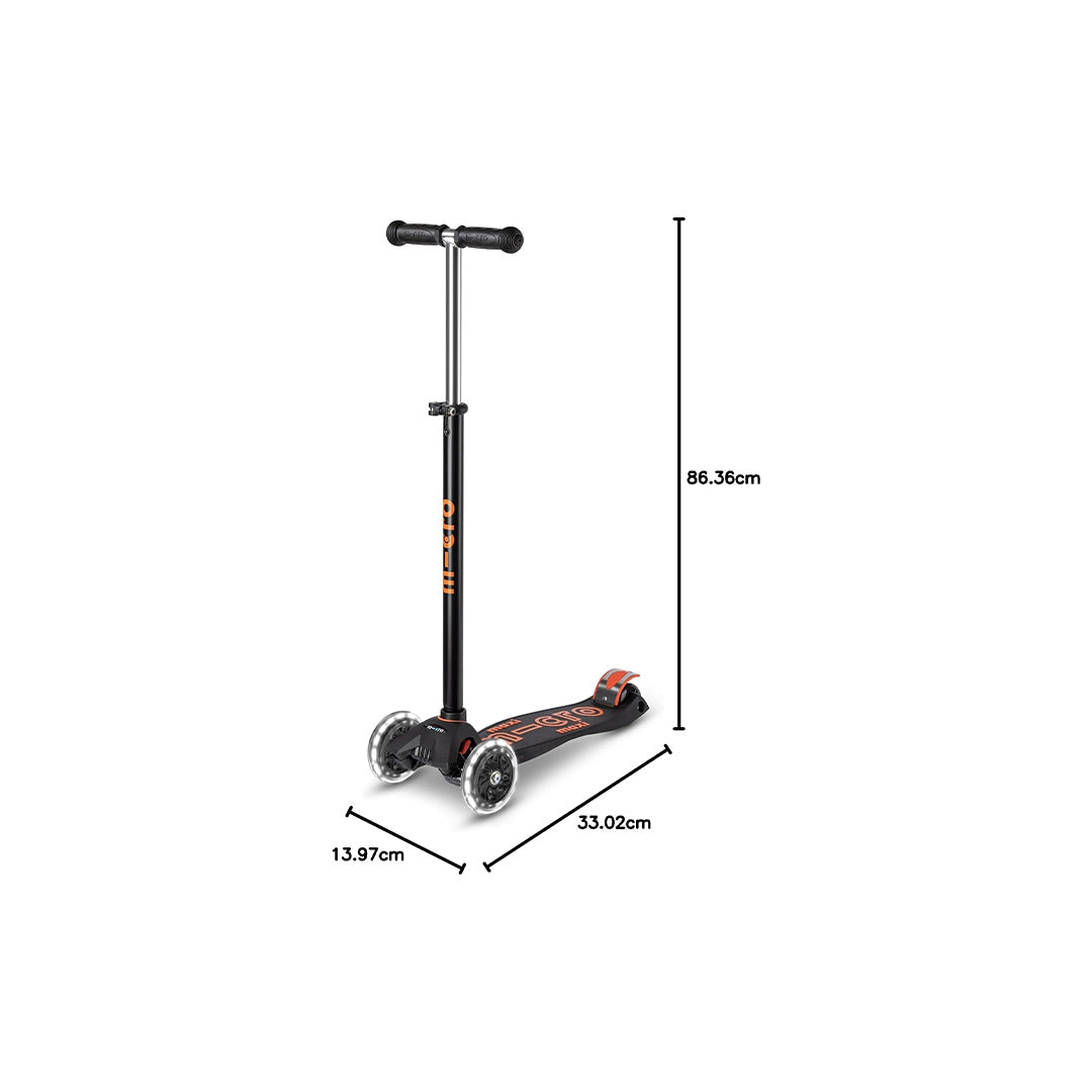 Micro Maxi Deluxe LED - 3-Wheel Kids Kick Scooter (Black/Orange) - Toyspry