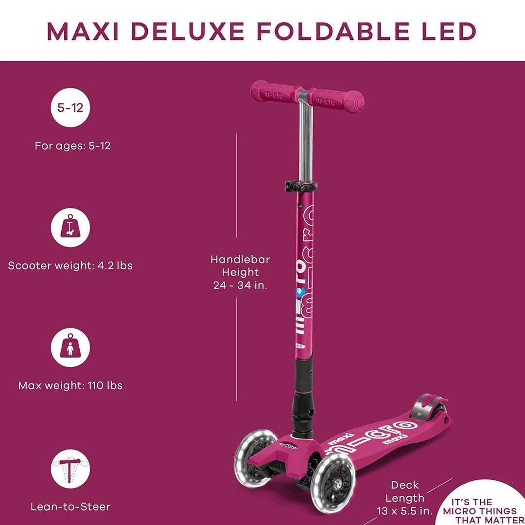 Micro Maxi Deluxe Foldable LED - 3-Wheel Kids Kick Scooter (Berry Red) - Toyspry