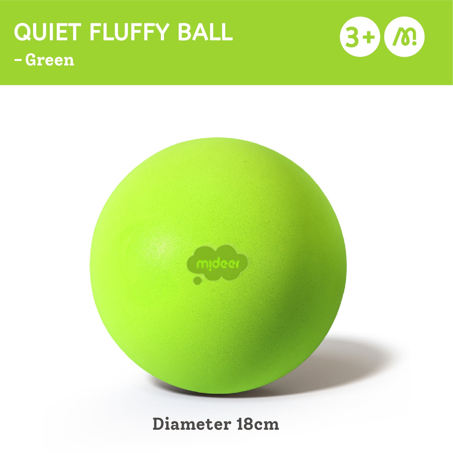 A bright green foam exercise ball with a subtle 'mdeer' logo on the front, set against a white background with a green header banner containing product details.