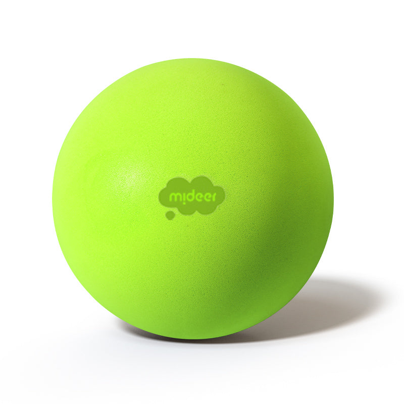 A bright lime green massage ball with a molded 'mideer' logo in the center, shown on a clean white background with a soft shadow.