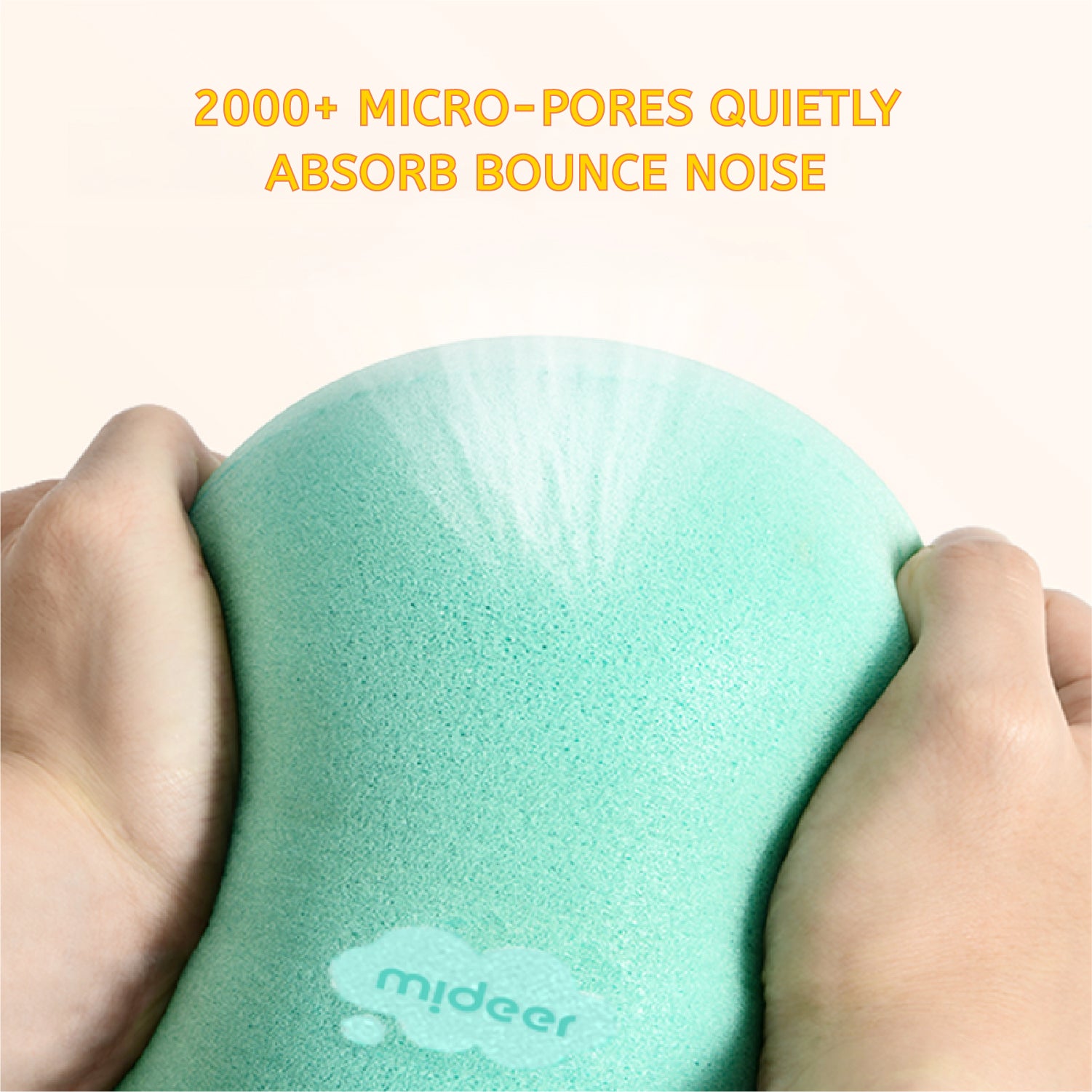 A mint green sponge toy being squeezed by two hands, with text at the top reading '2000+ MICRO-PORES QUIETLY ABSORB BOUNCE NOISE'.