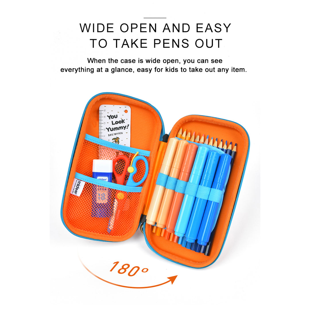 Dual compartment wide opening school organizer showcasing non-toxic toys safety.