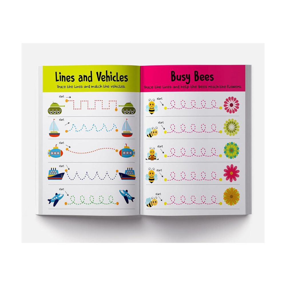 An open children's activity book showing two colorful activity pages: 'Lines and Vehicles' on the left and 'Busy Bees' on the right, photographed against a light gray background.
