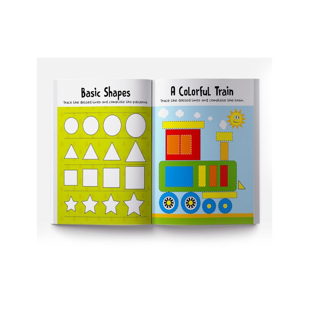 An open children's activity book showing two colorful pages: one titled 'Basic Shapes' with white geometric cutout shapes on a yellow-green background, and the other titled 'A Colorful Train' with a pixel-art style train on a light blue background.
