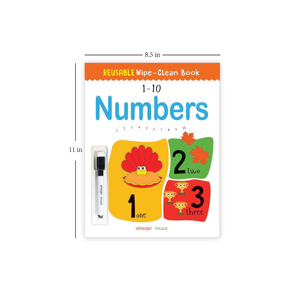 A reusable wipe-clean children's numbers book titled 'Numbers 1-10' shown on a white background with dimension lines indicating 8.5 in by 11 in.