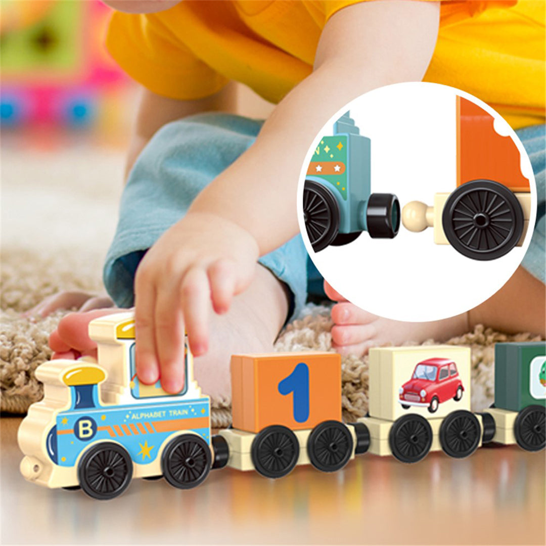 Wooden Alphabet Train Toy with Magnetic Letters & Building Blocks - Toyspry