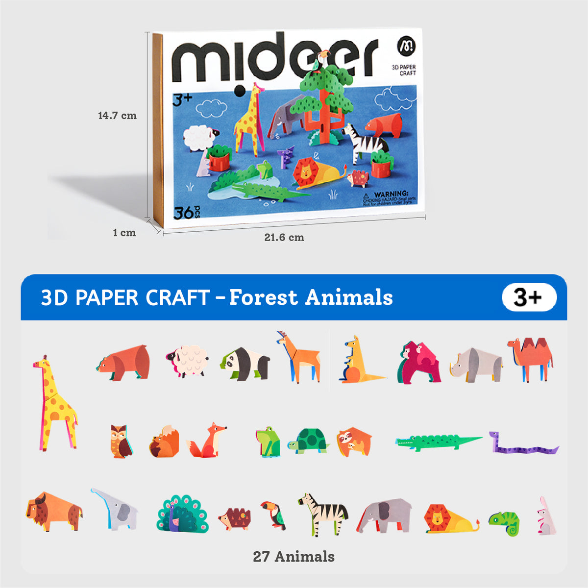 Mideer 3D paper craft set for forest animals, showing the product box with dimensions, a blue banner with '3D PAPER CRAFT - Forest Animals', and 27 colorful animal shapes below on a light gray background.