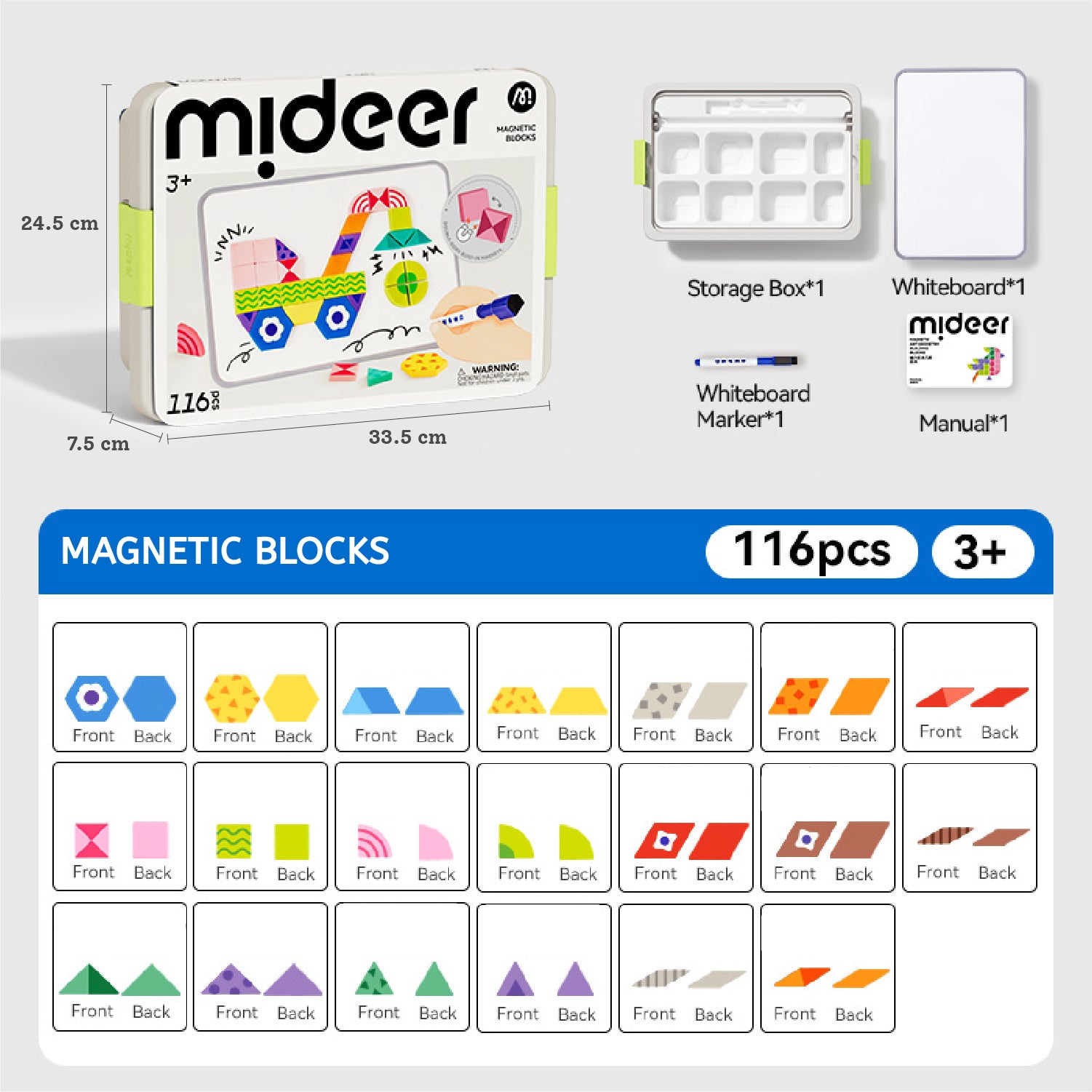 Mideer Magnetic Shapes & Whiteboard Set - 116 Pieces