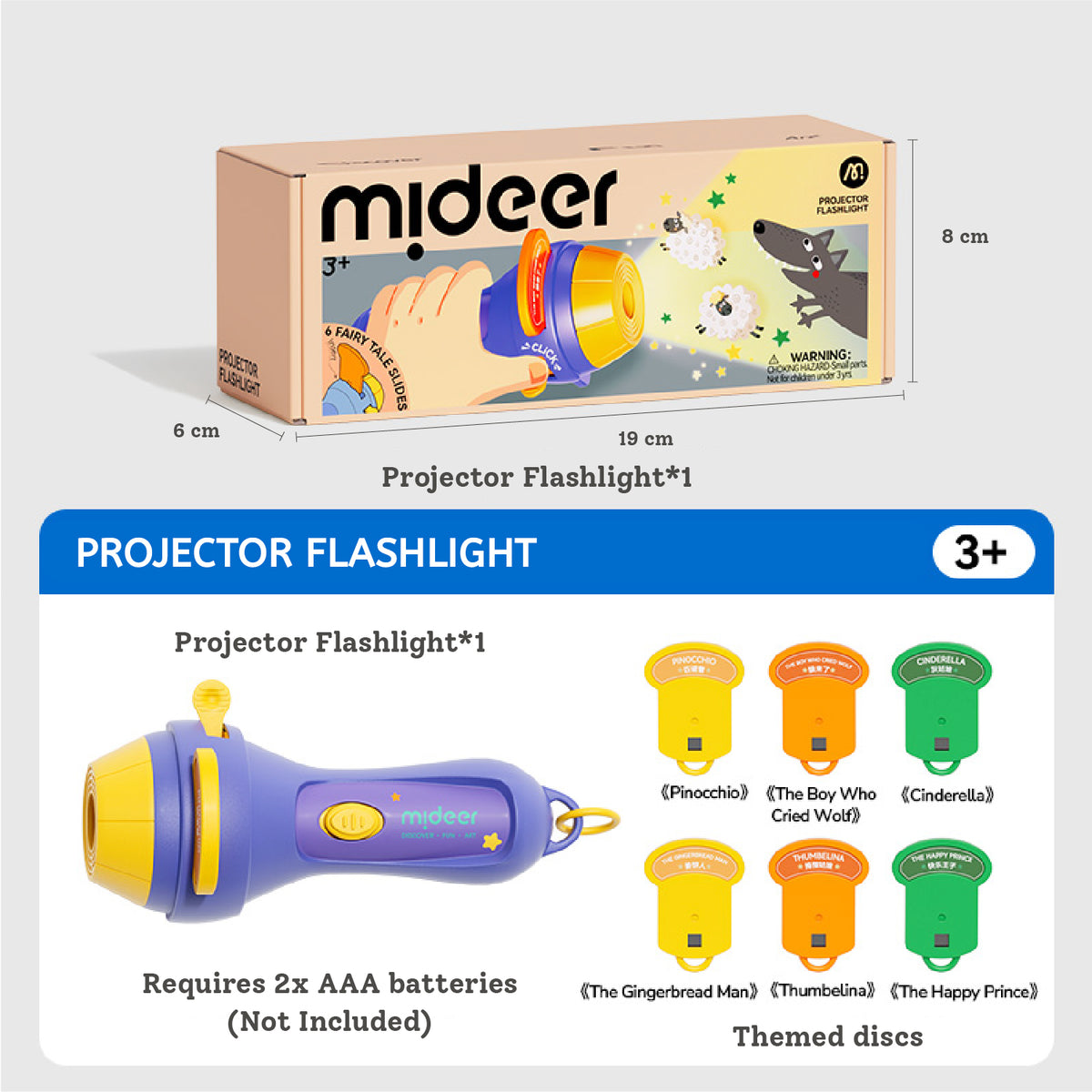 Mideer projector flashlight toy set shown with its retail box, dimensions, and included themed discs on a white background. The main toy is a purple and yellow flashlight-shaped projector, and the box features cartoon illustrations of a hand, sheep, dog, and star.