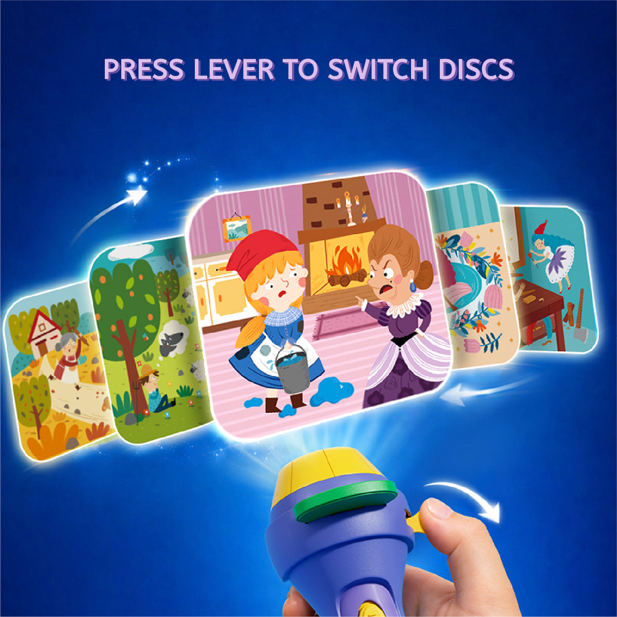 A handheld toy projector or light box being held by a hand, with illustrated story cards floating out in front on a blue background. Text at the top reads 'PRESS LEVER TO SWITCH DISCS'.