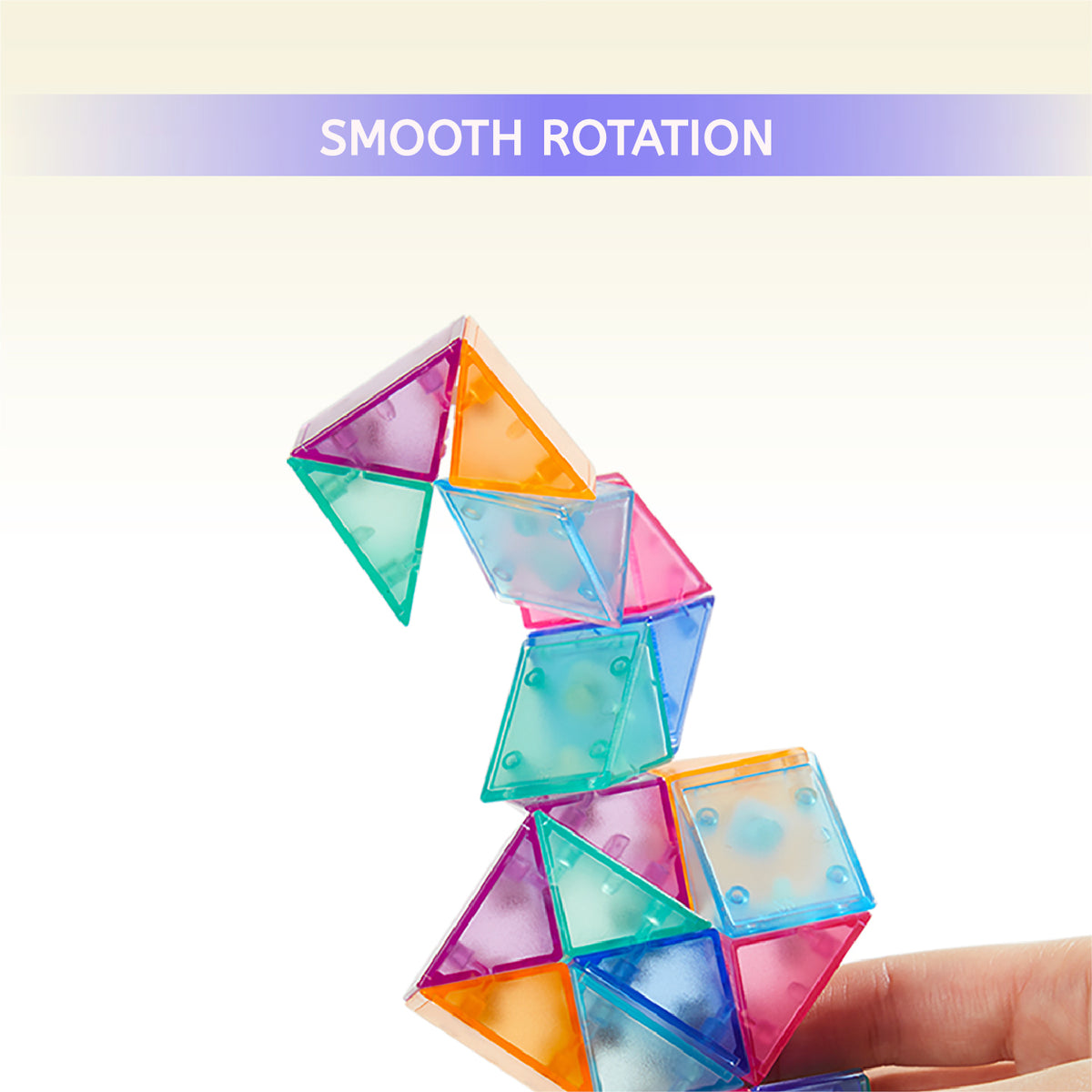 A hand holds a translucent geometric toy made of colorful square and triangular pieces, with the text 'SMOOTH ROTATION' at the top on a light gradient background.