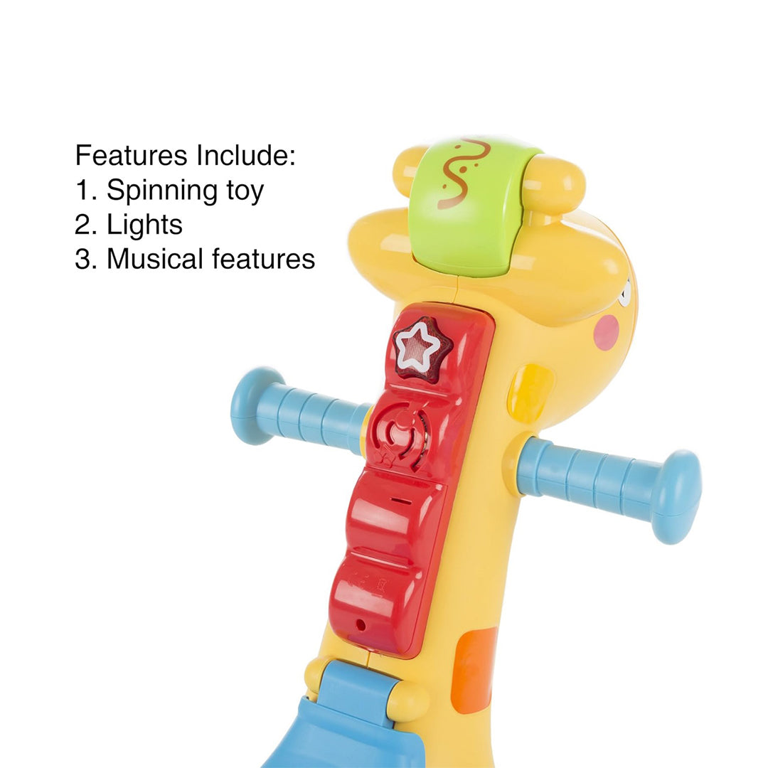 Close-up of the lights and music features on the Giraffe Ride-On Toy