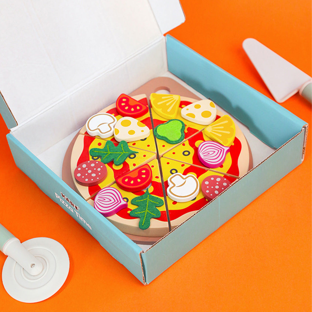 25-piece children's wooden pizza kit toy with colorful toppings.
