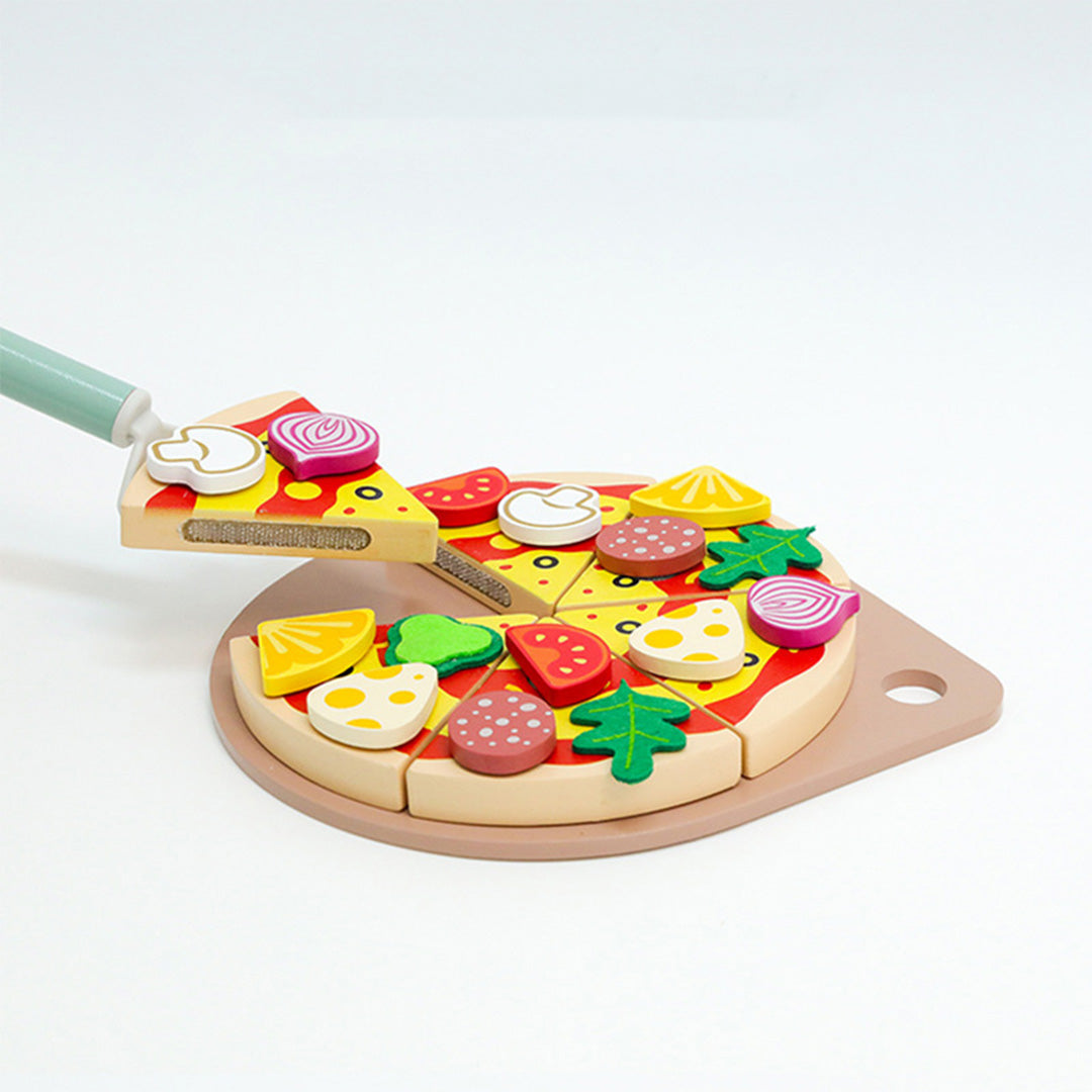 25-piece children's wooden pizza kit toy with colorful toppings.
