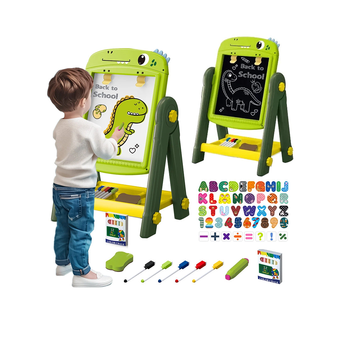 A child holding a pen and drawing on the magnetic side of the board
