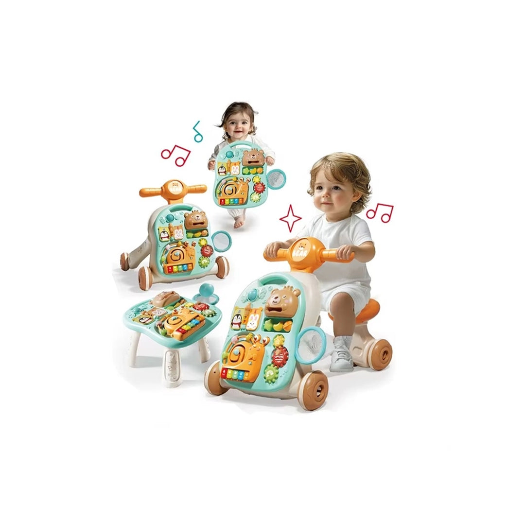 Toddler using the 3-in-1 activity ride-on and baby walker to practice walking and balance in the UAE