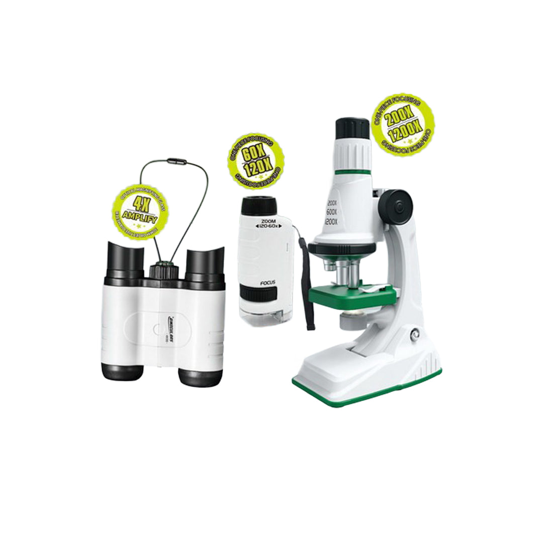 The portable microscope standing on its base for stationary use at a desk
