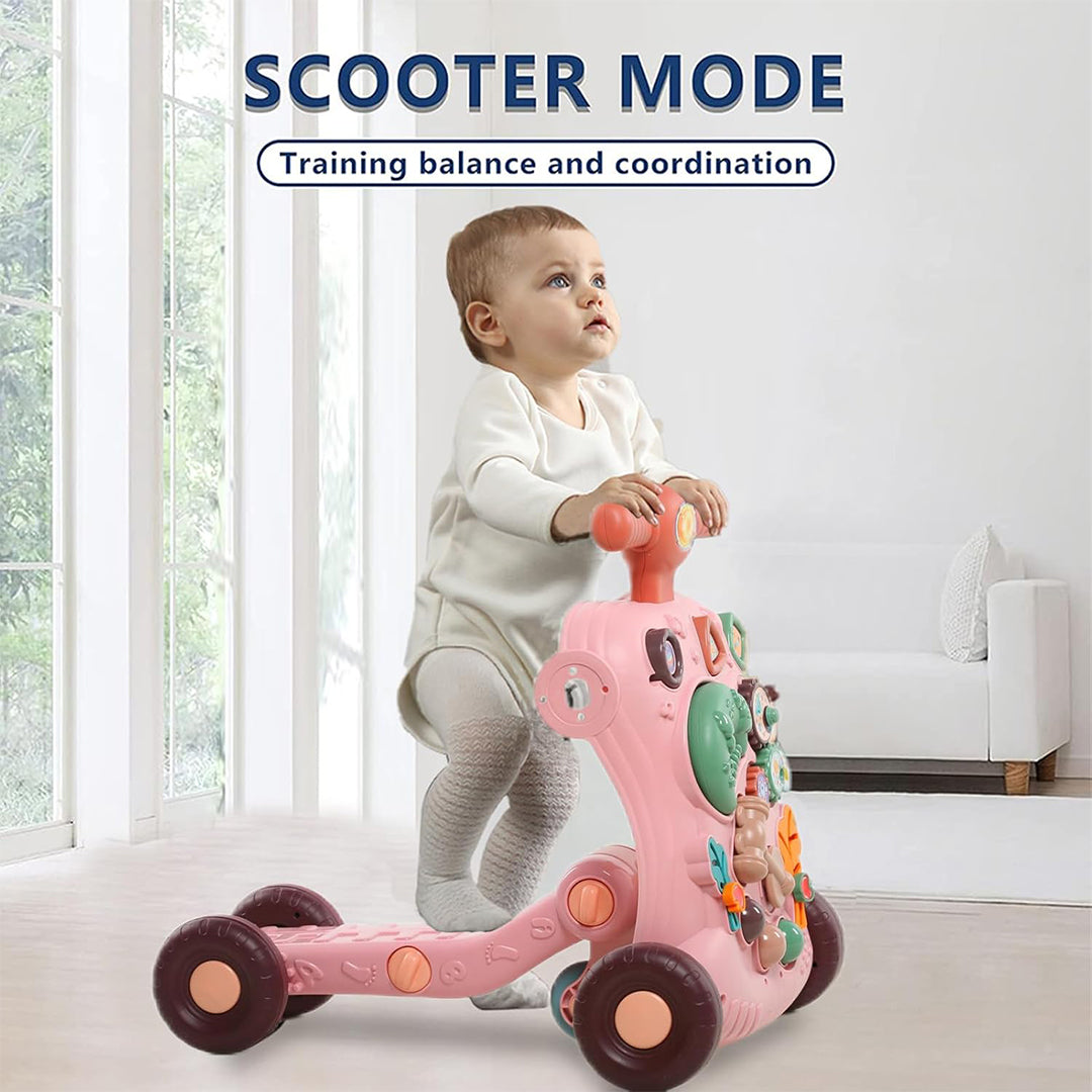 Infant using the sit-to-stand learning walker with adjustable speed.