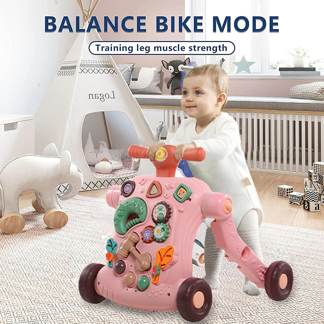 Child riding the walker in scooter mode for active play.