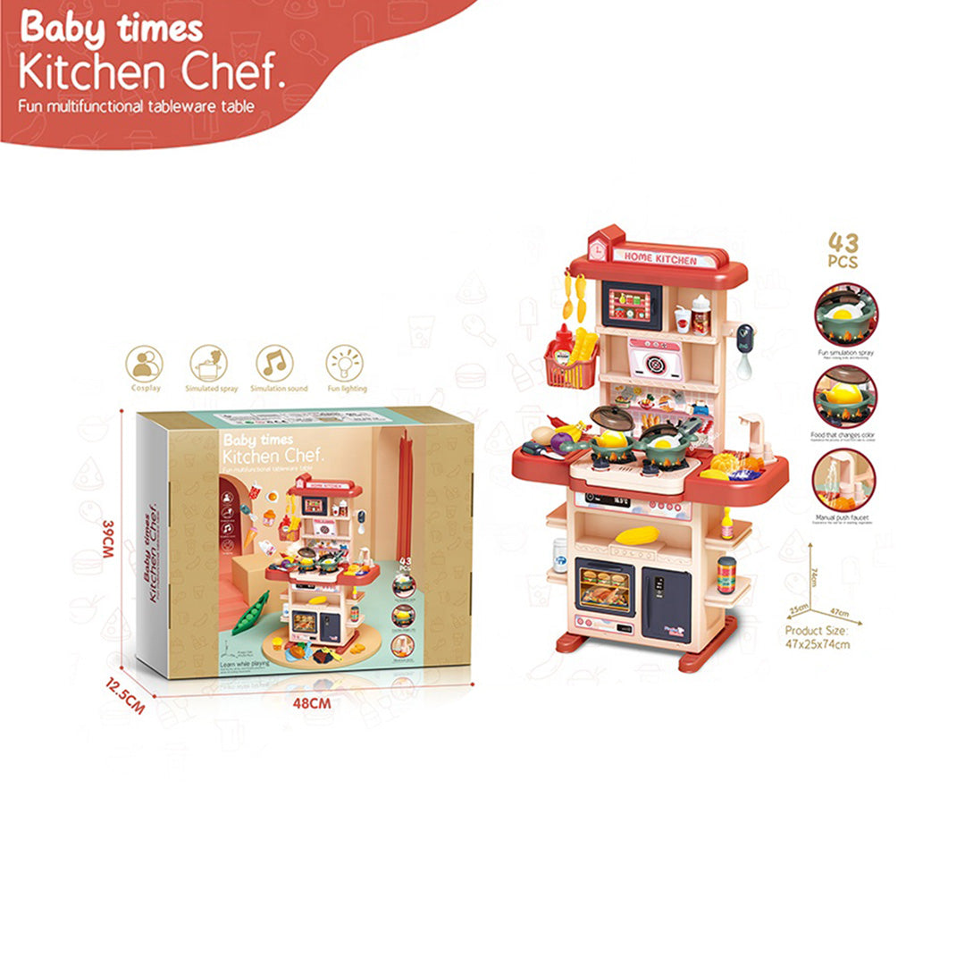 The 43-Piece Kids Toy Kitchen Set in Pink showing the steam and water function.
