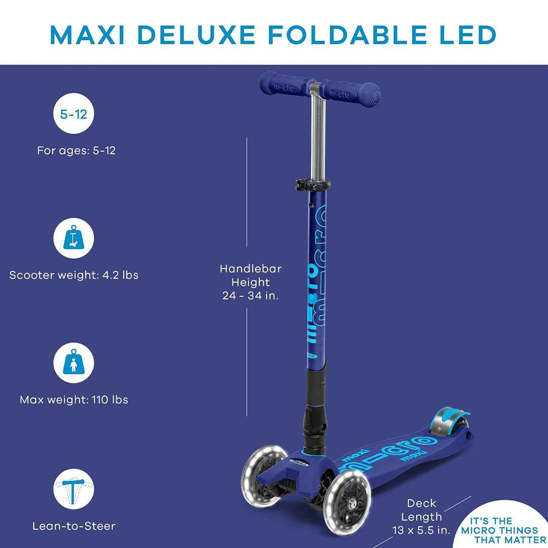 Micro Maxi Deluxe Foldable LED - 3-Wheel Kids Kick Scooter (Navy Blue) - Toyspry