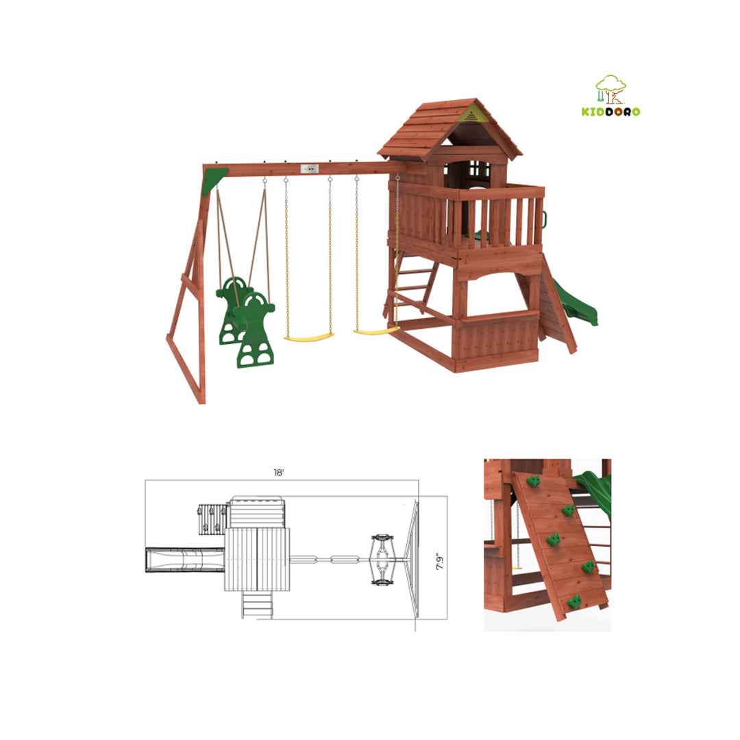 Kiddoro Playful Peaks - Wooden Treehouse Playground Swing Set - Toyspry