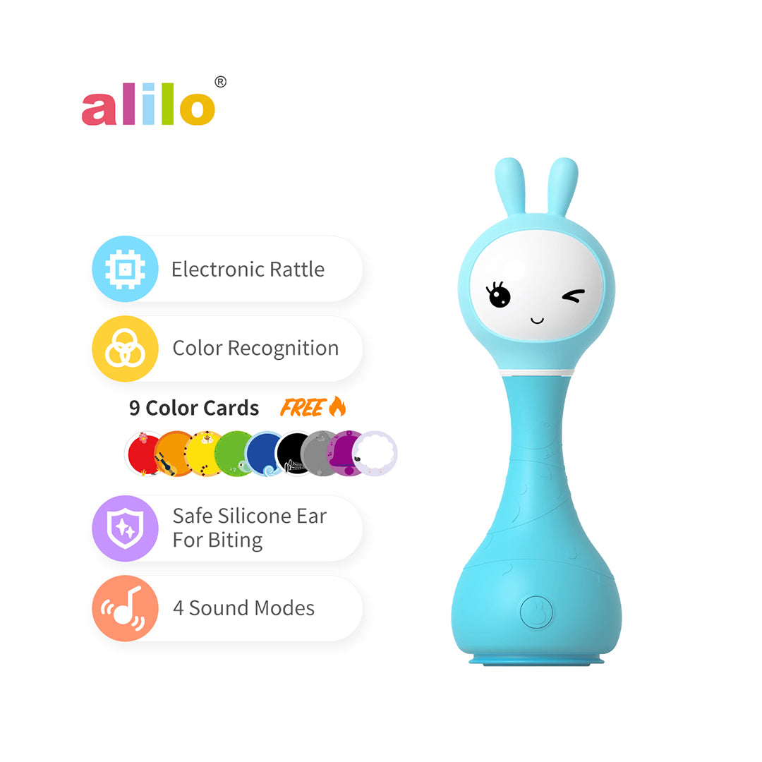 Non-toxic interactive rattle with glowing ears for physical development.
