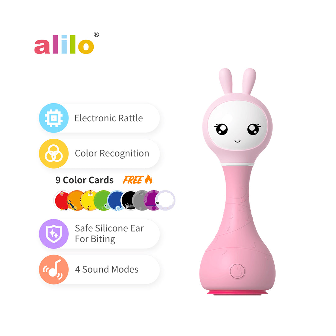 Non-toxic interactive pink rattle with glowing ears for physical development.
