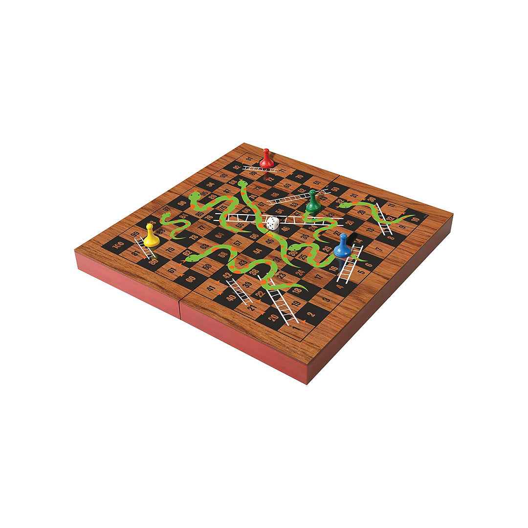 Ambassador Folding Wooden Snakes & Ladders Board Game | Educational Travel Set for Kids