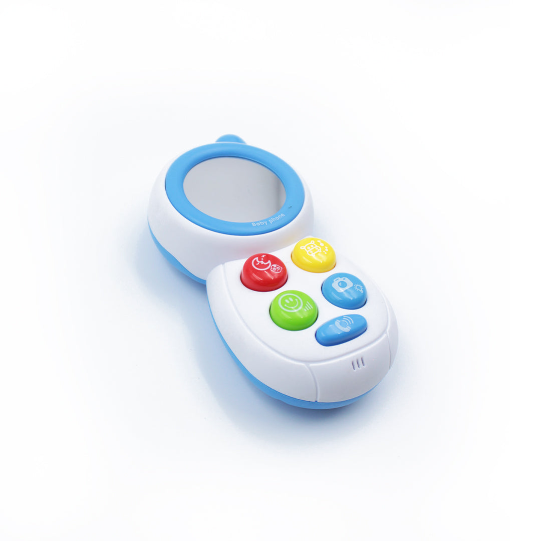 Close-up of the buttons and lights on the Huanger Baby Mobile Phone Toy