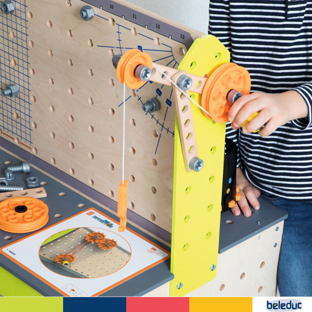 Montessori physics mechanics experiment board for screen-free play and engineering.
