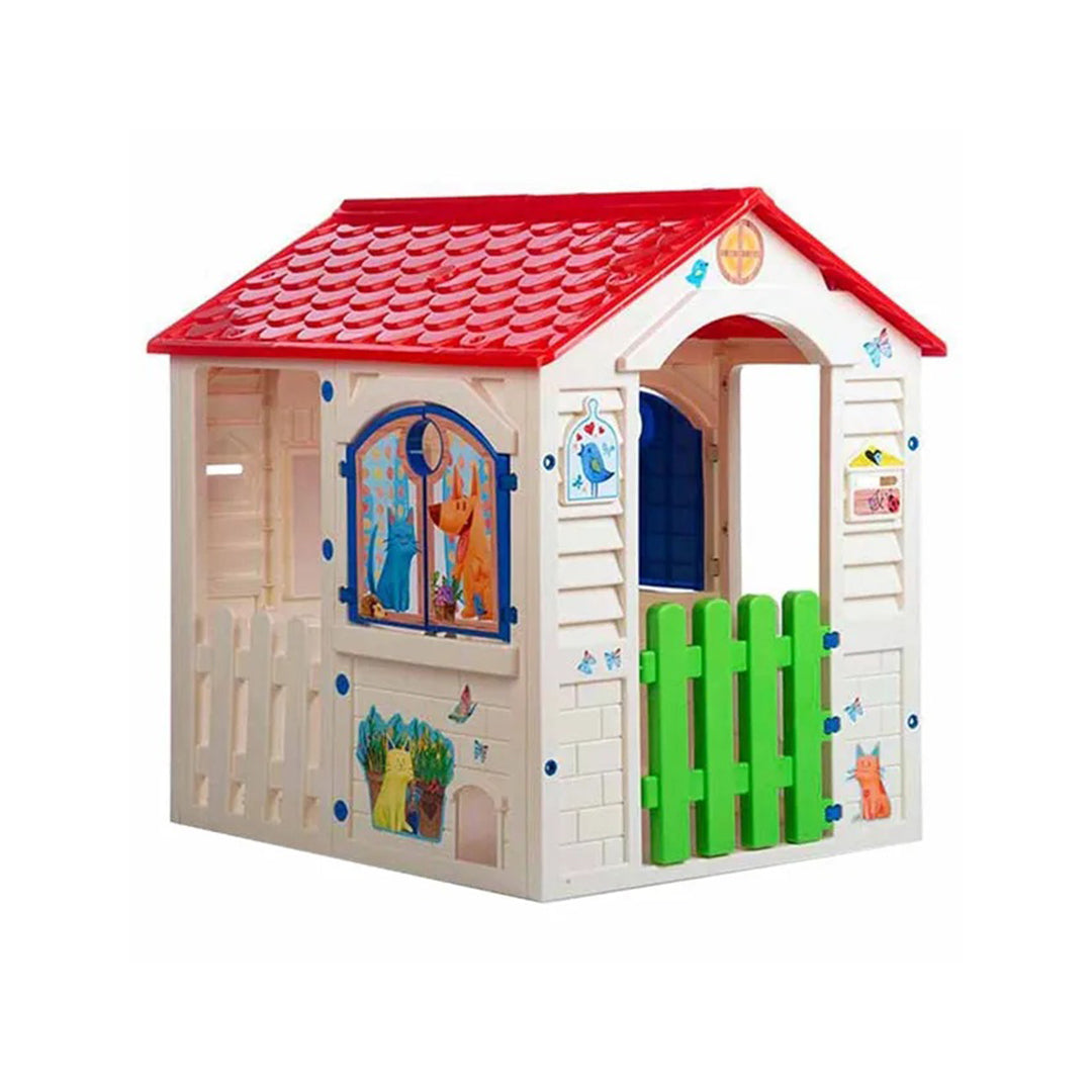 Front view of the Chicos Country Cottage Playhouse, featuring a charming rustic design and vibrant colors perfect for toddlers.