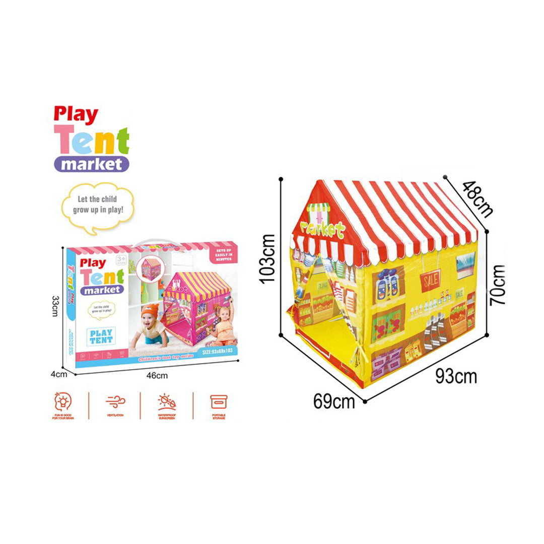 Colorful children's play tent set up in a living room
