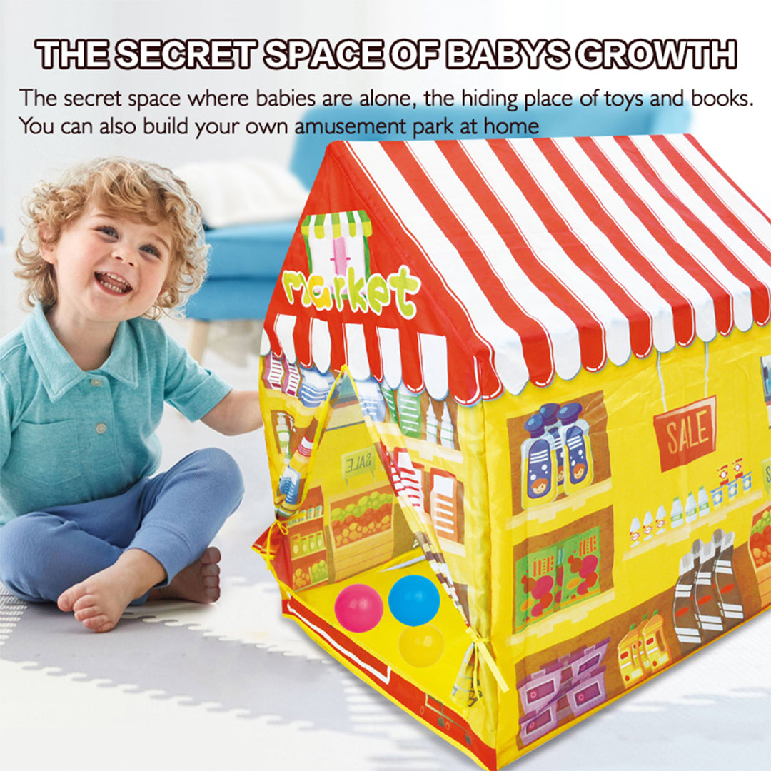 A young boy and girl happily playing inside the kids playhouse
