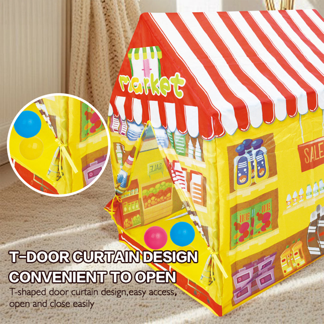 Colorful children's play tent set up in a living room

