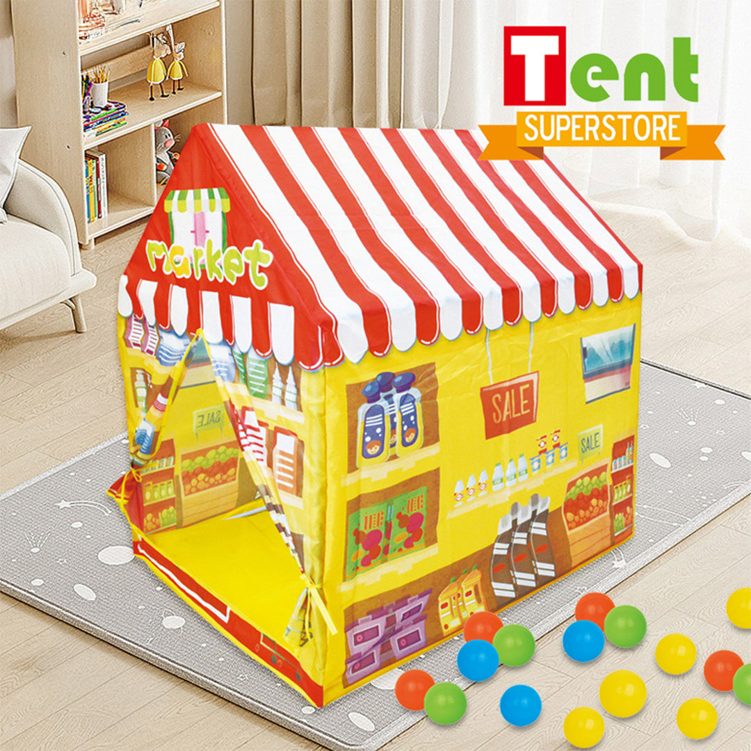 Colorful children's play tent set up in a living room

